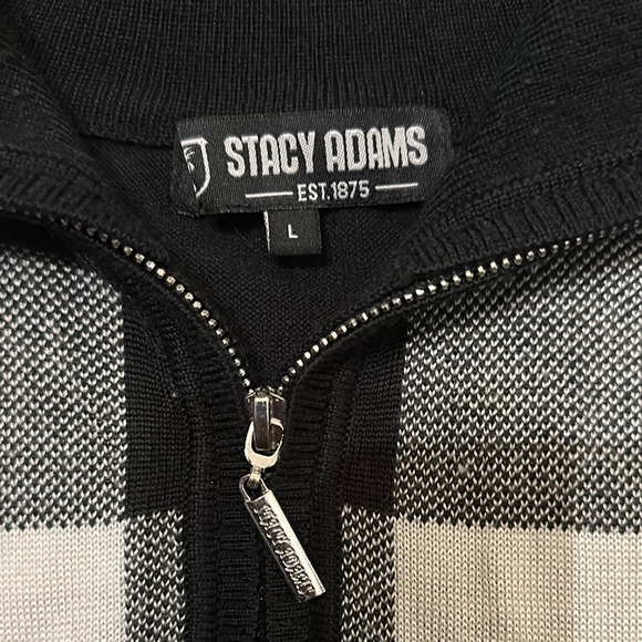 Stacy Adams Mens 1/4 Zip Mock Neck Pullover Sweater Black Gray Checkered Size L - Picture 6 of 6